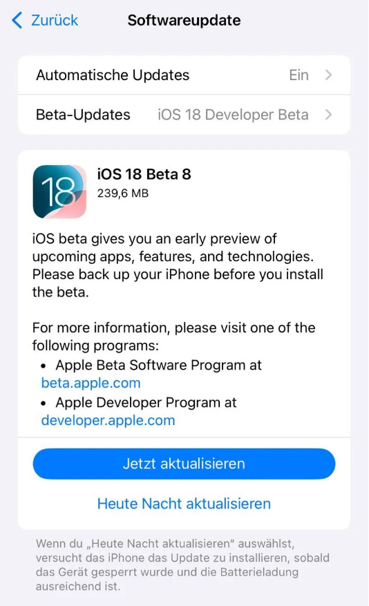 滑县苹果手机维修分享苹果 iOS / iPadOS 18 开发者预览版 Beta 8 发布 